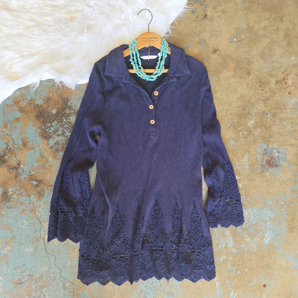 Soft Surroundings Navy Blue Gauze Tunic Top Size M 2CC26 Linen Blend Lace